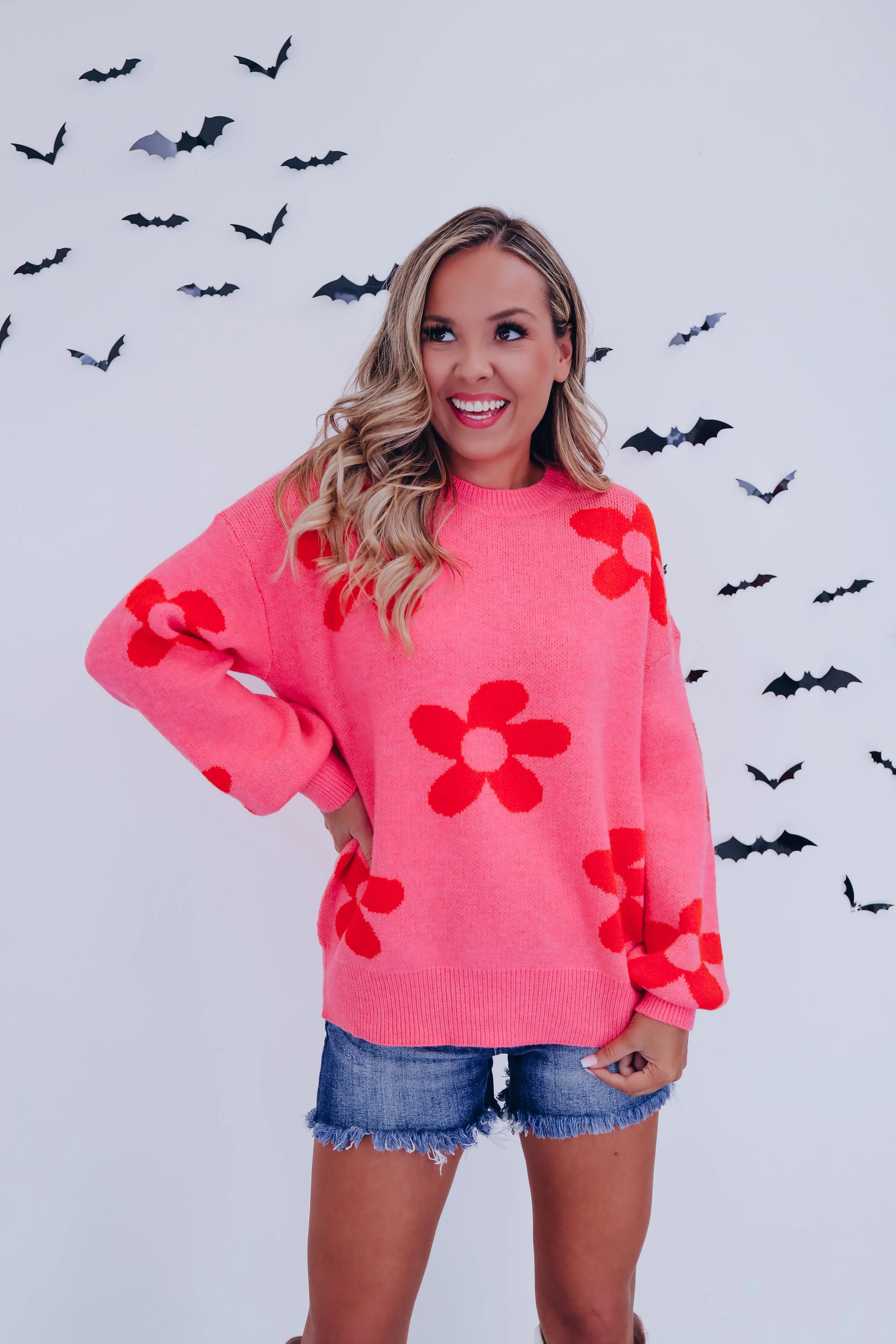Fall Frenzy Floral Knit Sweater - Pink/Red