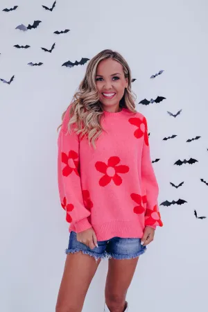 Fall Frenzy Floral Knit Sweater - Pink/Red