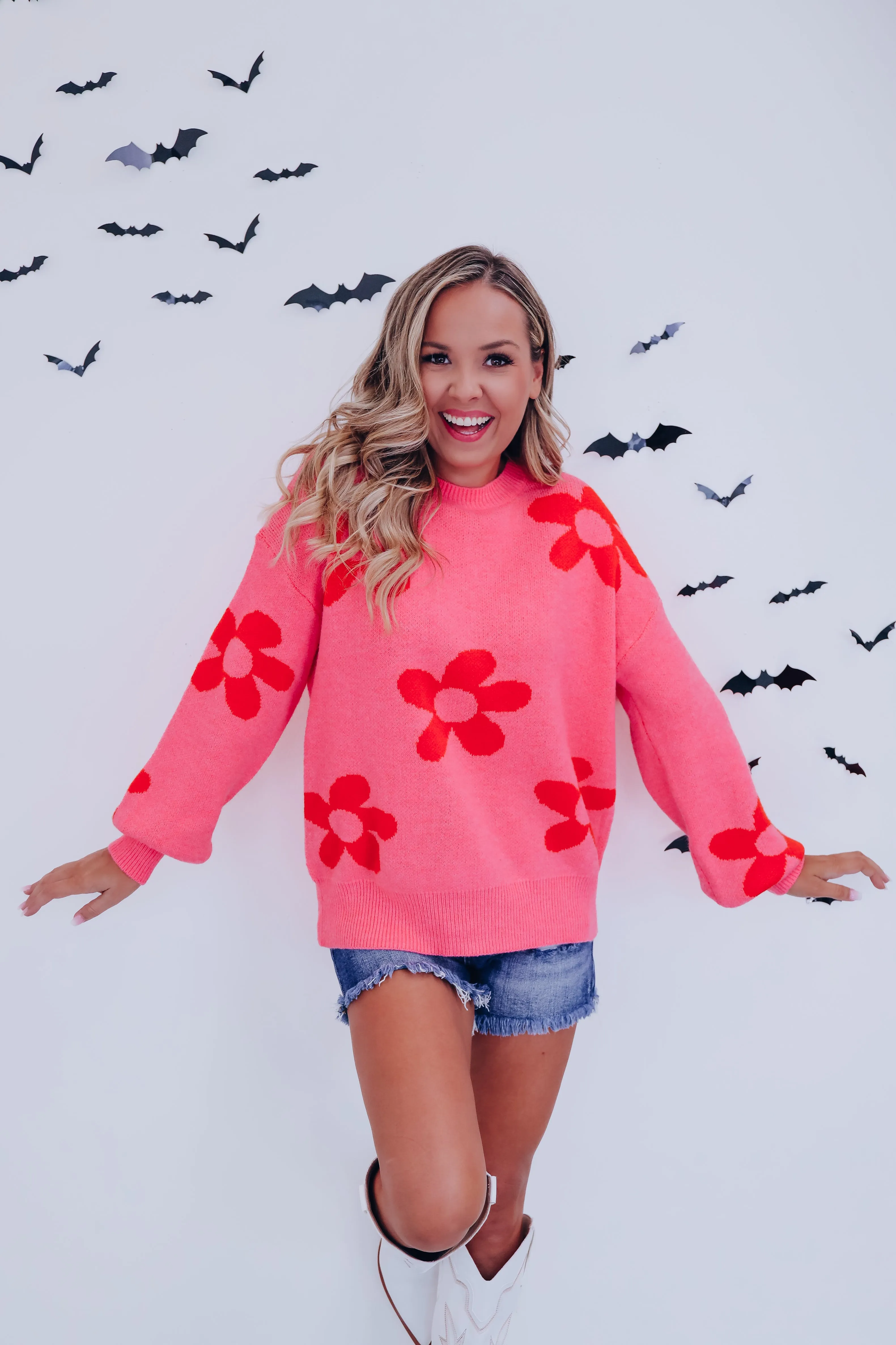 Fall Frenzy Floral Knit Sweater - Pink/Red
