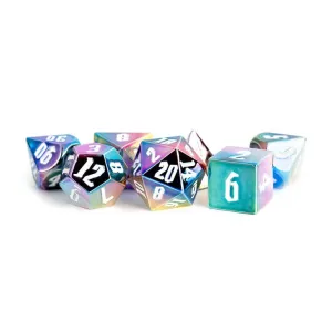 FanRoll: 16mm Aluminum Plated Acrylic 7-Piece Dice Set - Rainbow Aegis w/ White Numbers