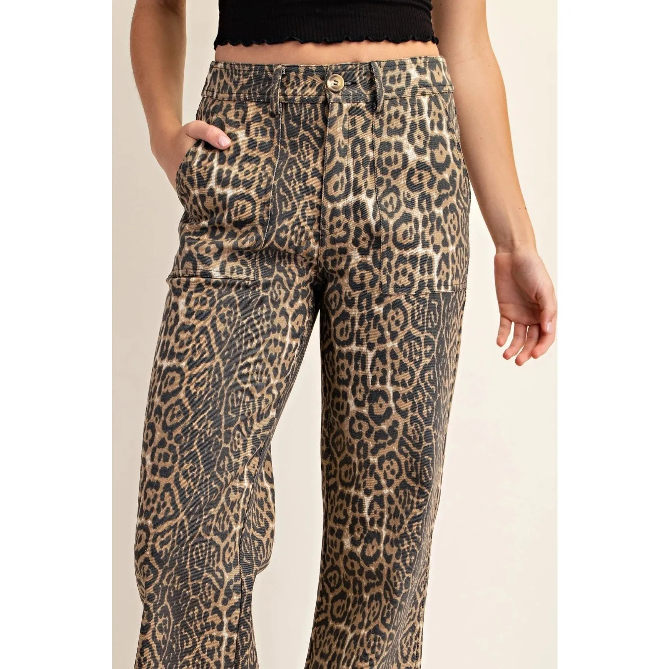 Flare Side Pocketed Jeans {Leopard}