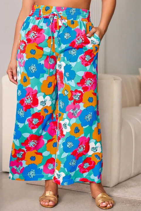 Floral Drawstring Wide Leg Pants with Pockets