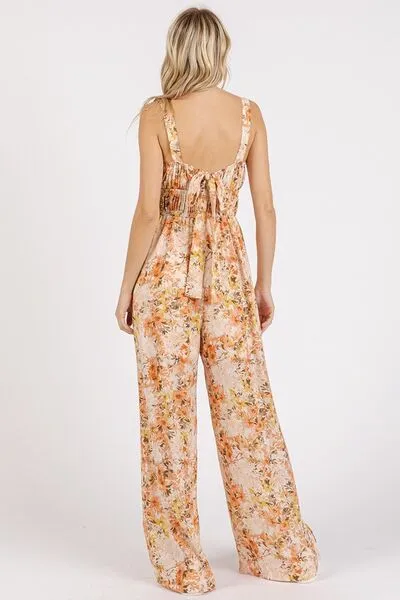 Flower Print Gathered Bust Sleeveless Jumpsuit