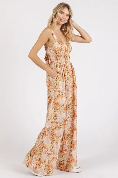 Flower Print Gathered Bust Sleeveless Jumpsuit