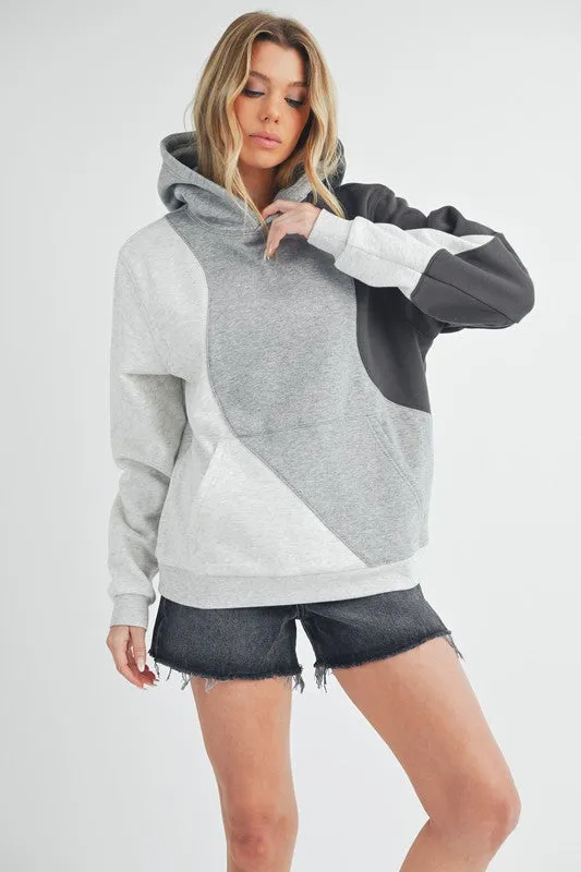Gray Color Block Hoodie with Kangaroo Pocket
