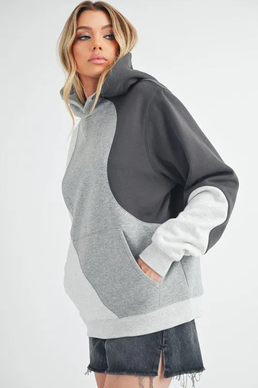 Gray Color Block Hoodie with Kangaroo Pocket