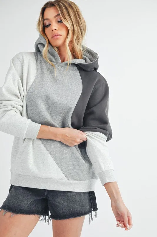 Gray Color Block Hoodie with Kangaroo Pocket