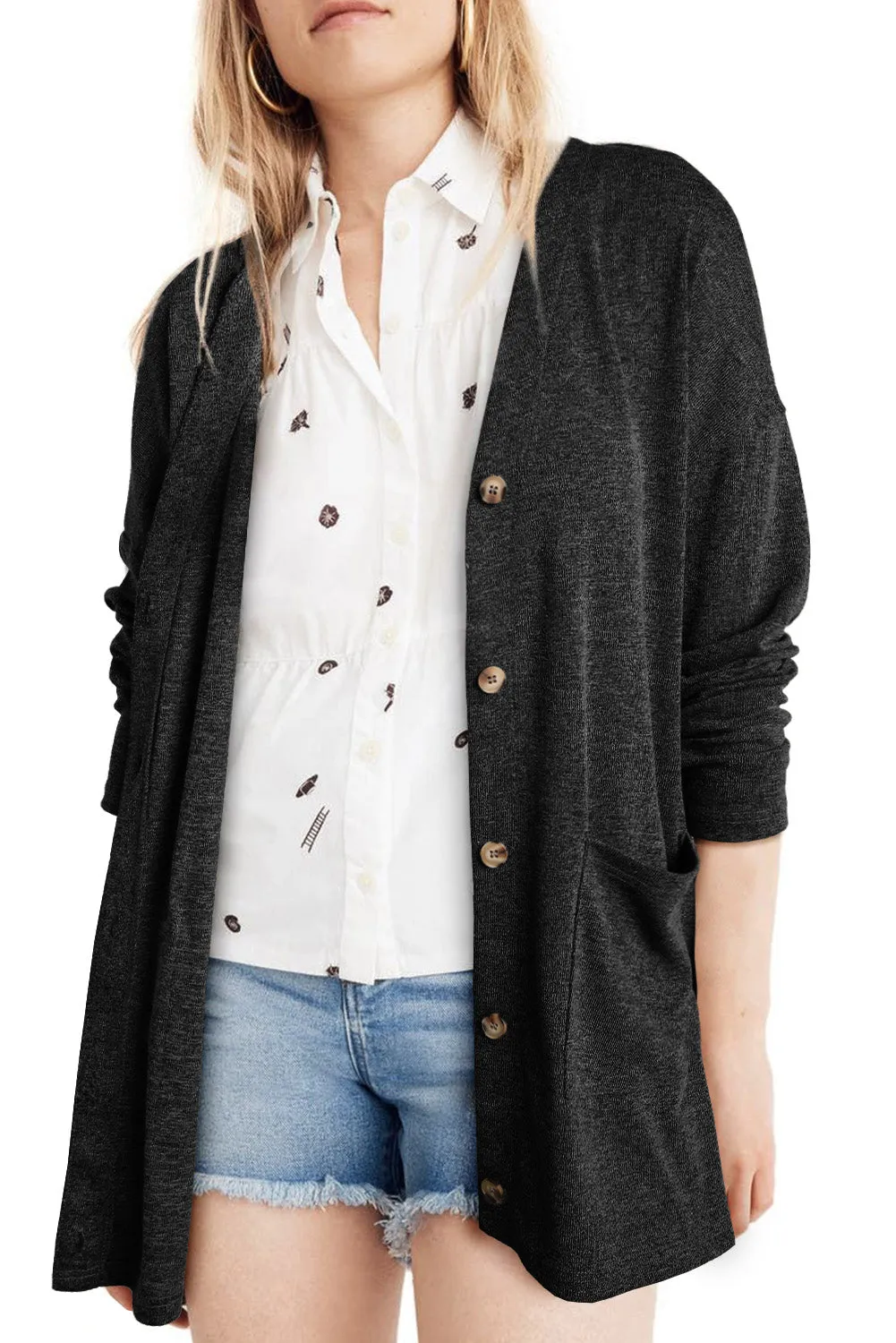 Gray Heather Knit Pocketed Button Front Cardigan