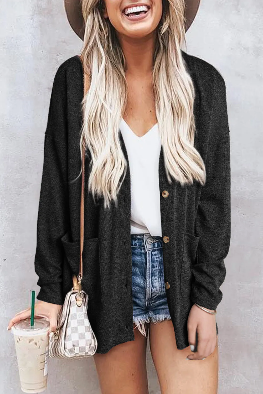 Gray Heather Knit Pocketed Button Front Cardigan
