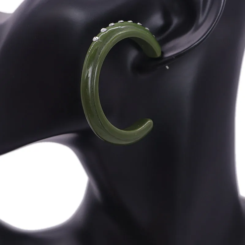 Green Glossy Rhinestone Hoop Earrings