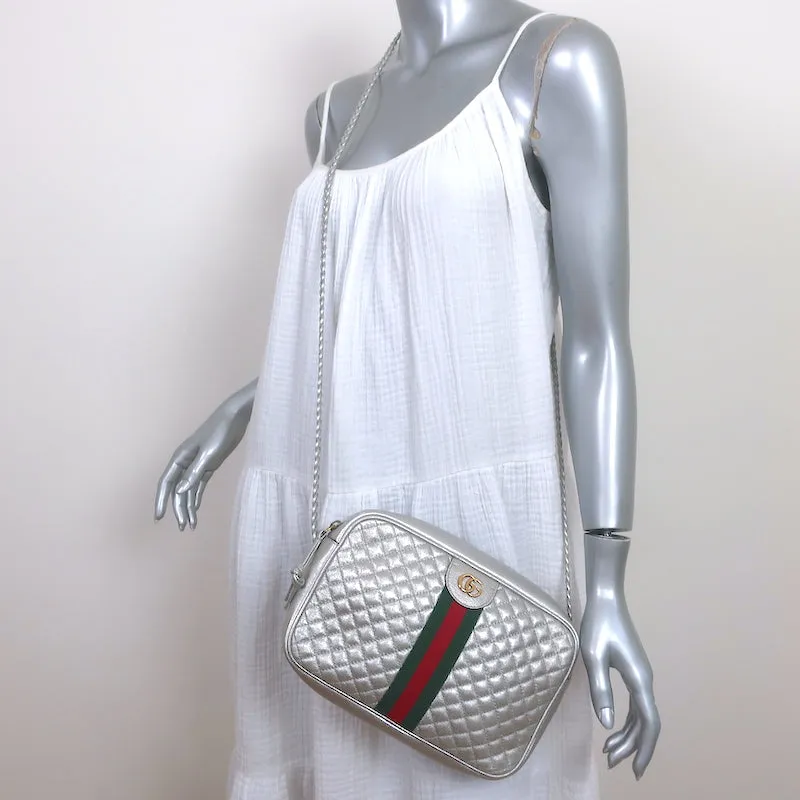 Gucci Trapuntata Small Camera Bag Silver Metallic Quilted Leather Crossbody