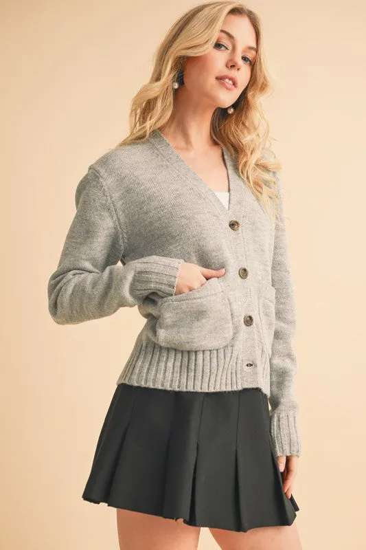 Hazel Blues® |  Aemi   Co Ribbed Hem Button Down V-Neck Cardigan