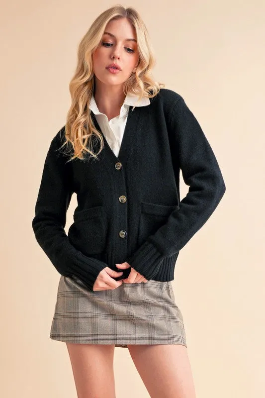 Hazel Blues® |  Aemi   Co Ribbed Hem Button Down V-Neck Cardigan