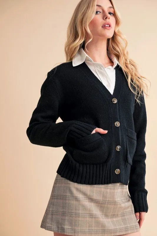 Hazel Blues® |  Aemi   Co Ribbed Hem Button Down V-Neck Cardigan