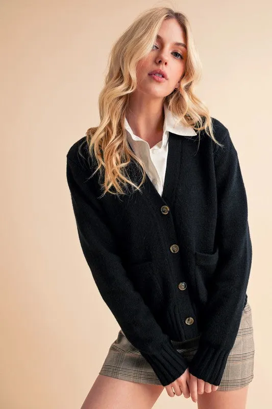 Hazel Blues® |  Aemi   Co Ribbed Hem Button Down V-Neck Cardigan