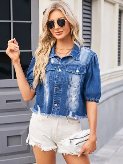 Hazel Blues® |  Distressed Raw Hem Button Up Denim Jacket