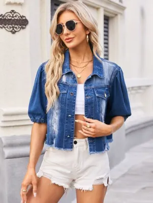Hazel Blues® |  Distressed Raw Hem Button Up Denim Jacket