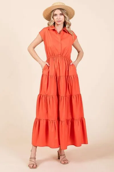 Hazel Blues® |  Mittoshop Button Up Collared Tiered Maxi Shirt Dress