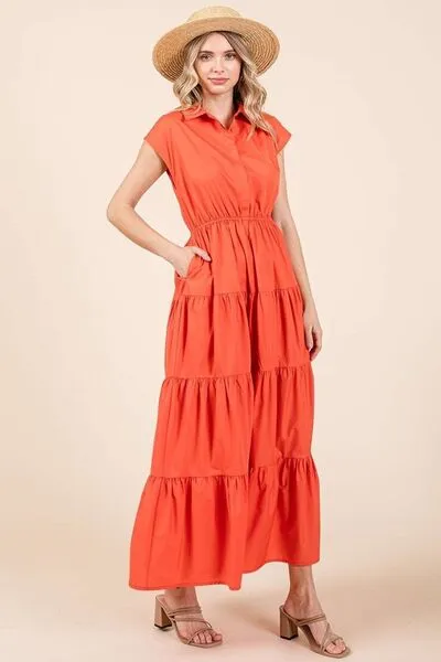 Hazel Blues® |  Mittoshop Button Up Collared Tiered Maxi Shirt Dress