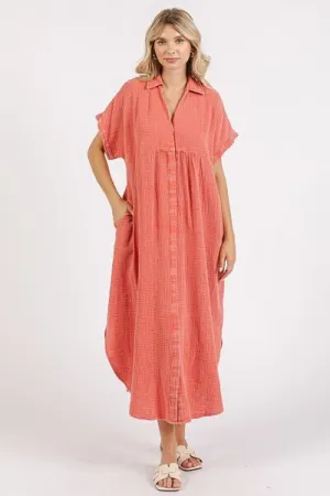 Hazel Blues® |  Mittoshop Mineral Wash V Neck Button Up Midi Shirt Dress