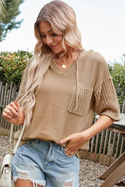 Hazel Blues® |  Openwork Drawstring Hooded Half Sleeve Knit Top