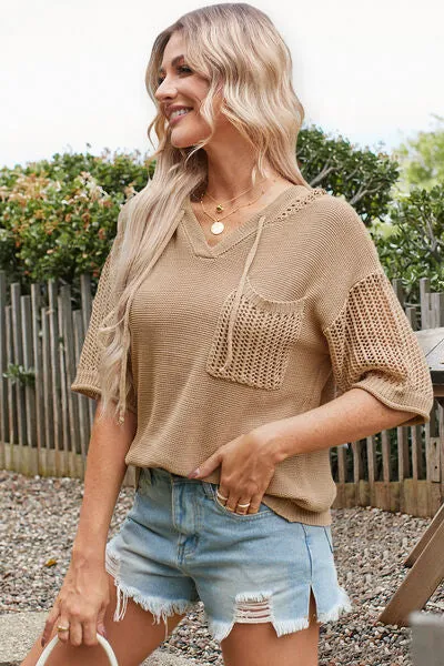 Hazel Blues® |  Openwork Drawstring Hooded Half Sleeve Knit Top