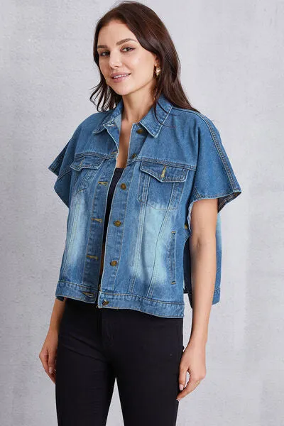 Hazel Blues® |  Pocketed Button Up Short Sleeve Denim Top