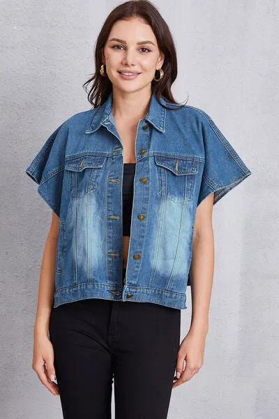 Hazel Blues® |  Pocketed Button Up Short Sleeve Denim Top
