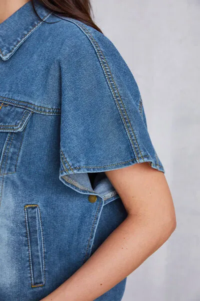 Hazel Blues® |  Pocketed Button Up Short Sleeve Denim Top