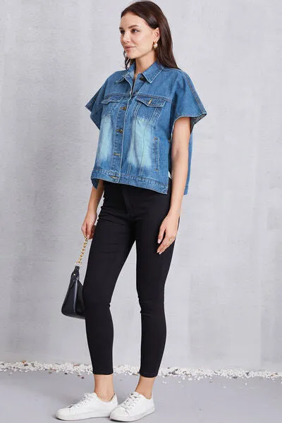 Hazel Blues® |  Pocketed Button Up Short Sleeve Denim Top