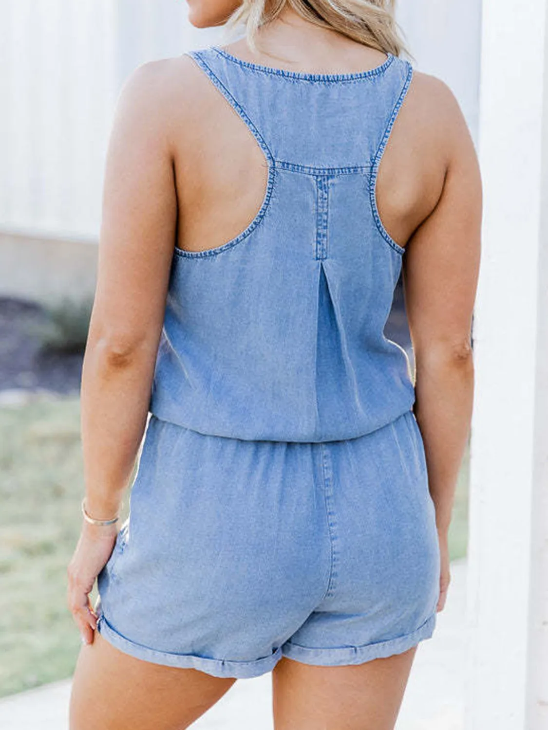 Hazel Blues® |  Pocketed Half Button Sleeveless Denim Romper