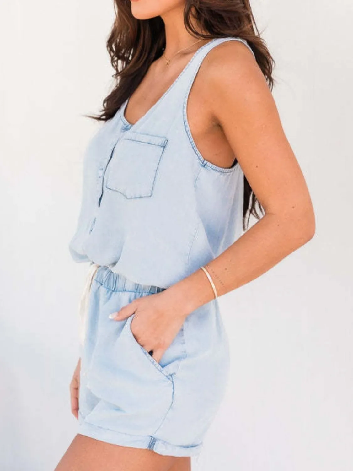 Hazel Blues® |  Pocketed Half Button Sleeveless Denim Romper