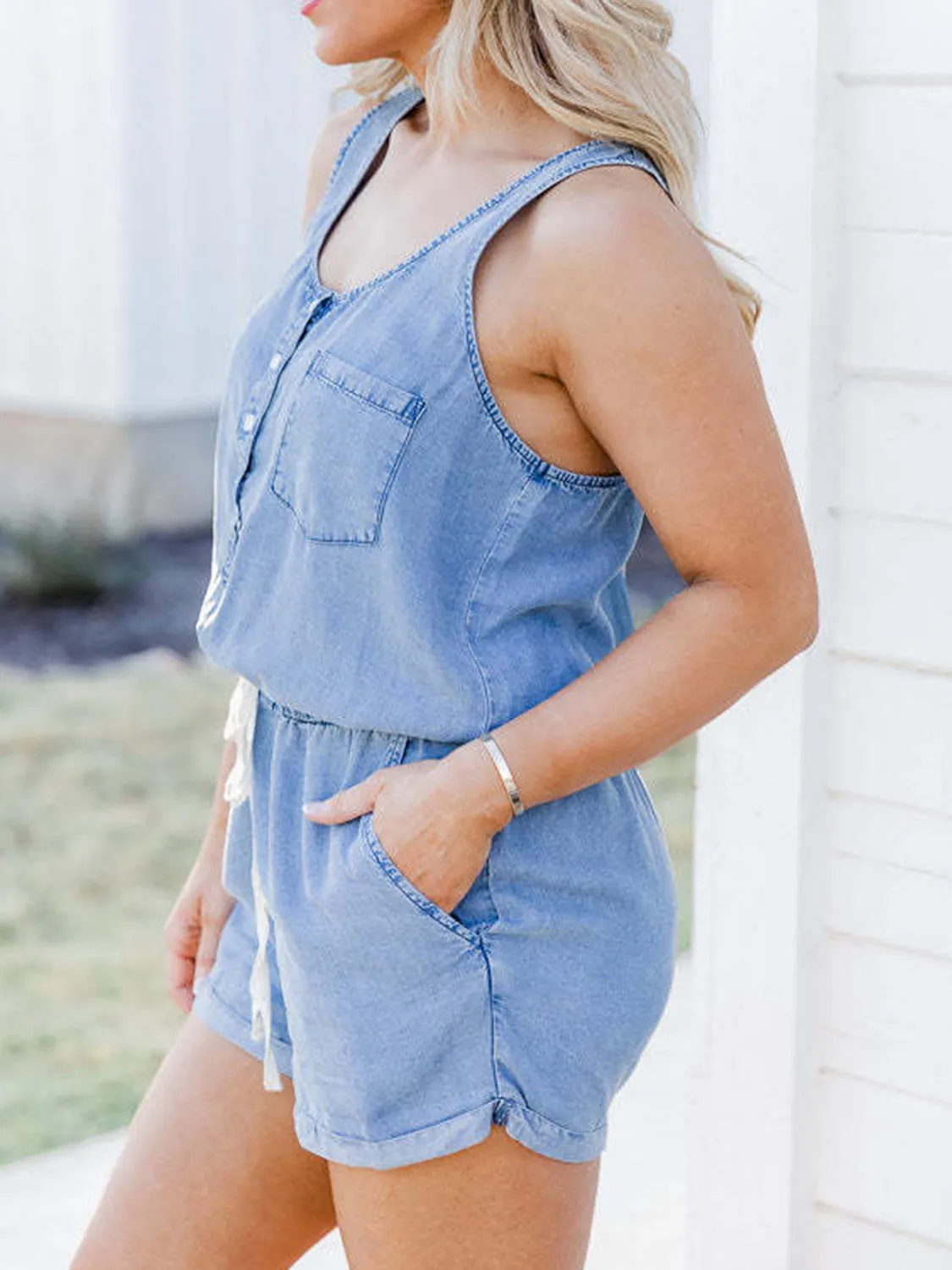Hazel Blues® |  Pocketed Half Button Sleeveless Denim Romper