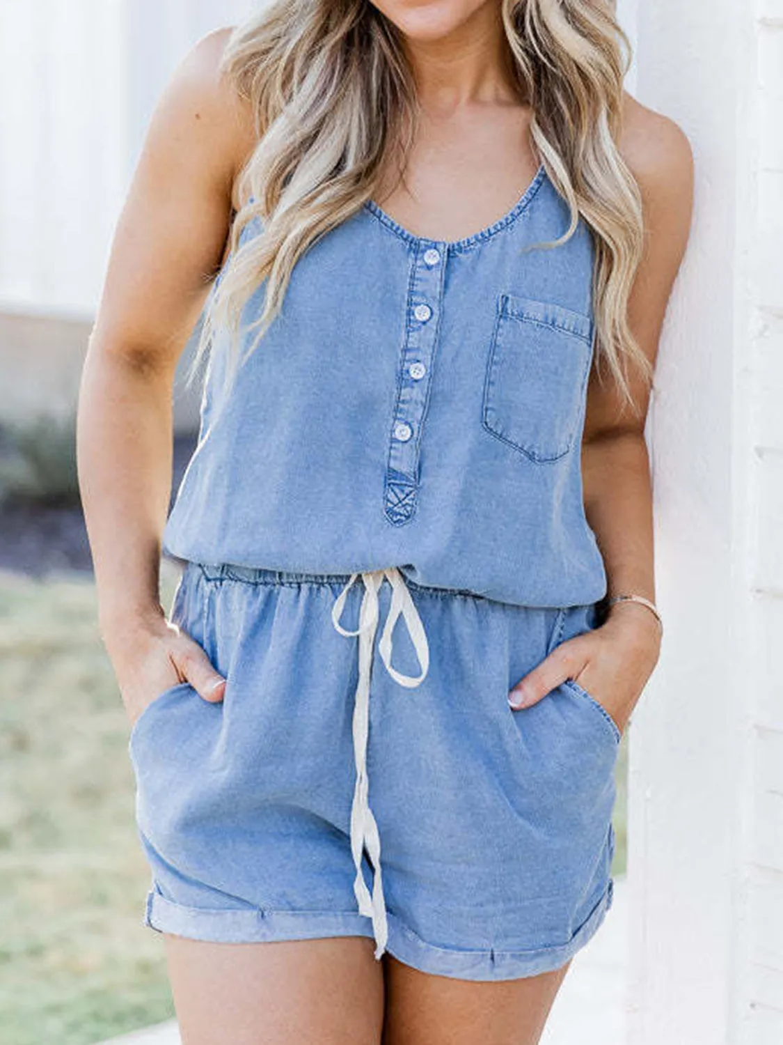 Hazel Blues® |  Pocketed Half Button Sleeveless Denim Romper