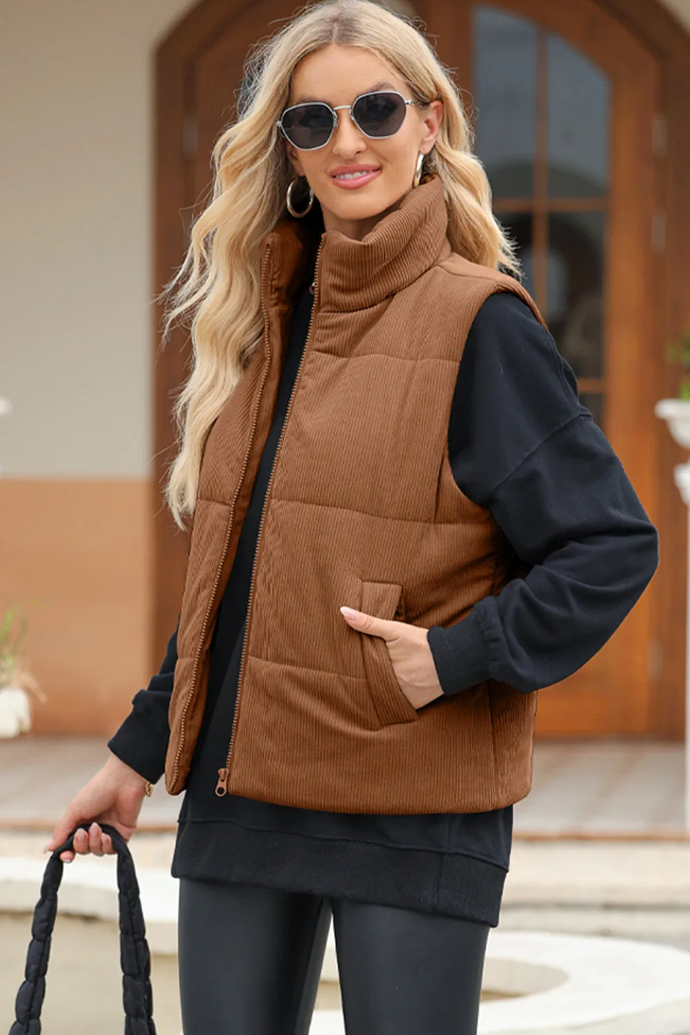 Hazel Blues® |  Pocketed Zip Up Turtleneck Vest Coat