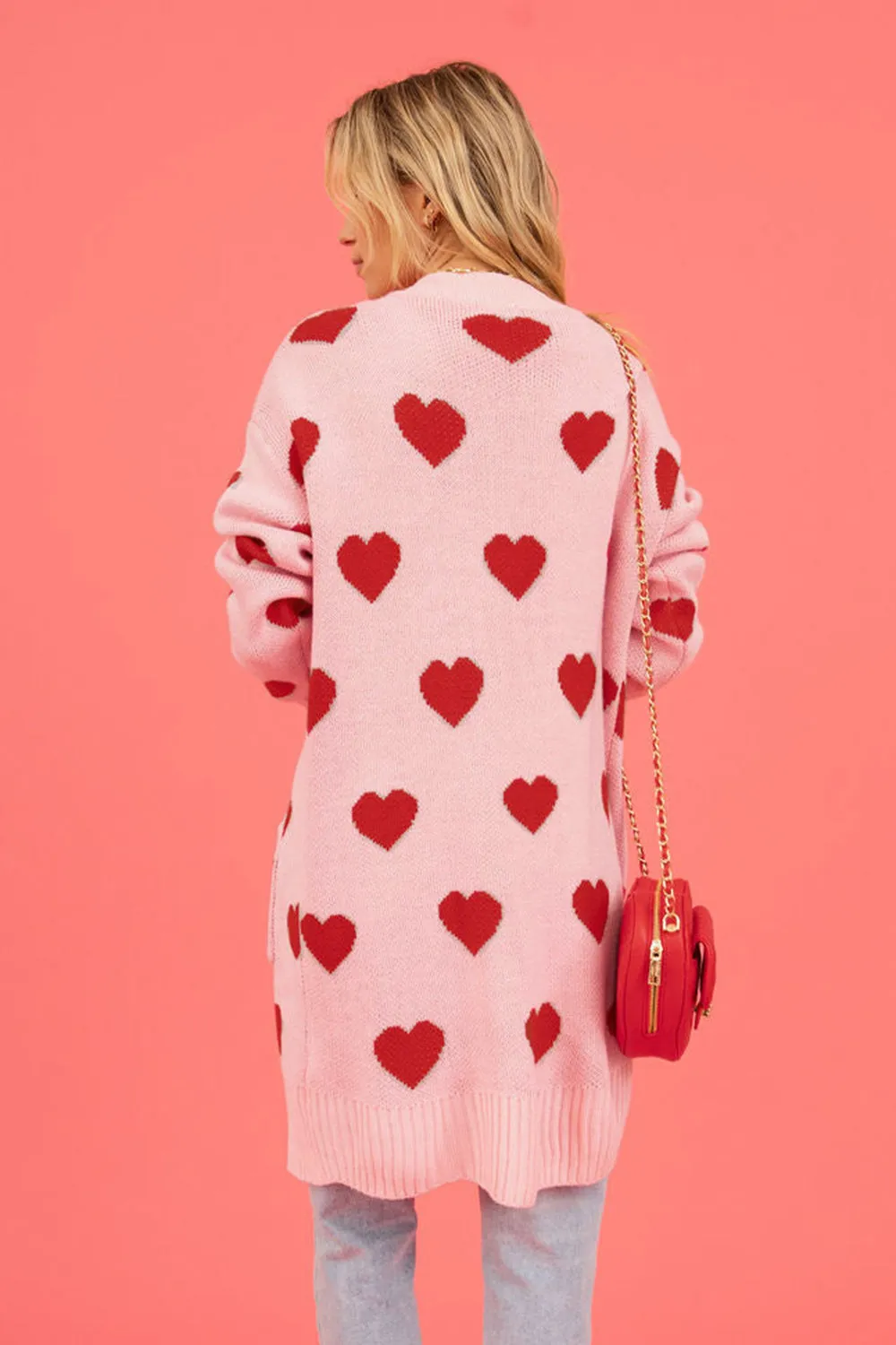 Heart Graphic Open Front Cardigan with Pockets