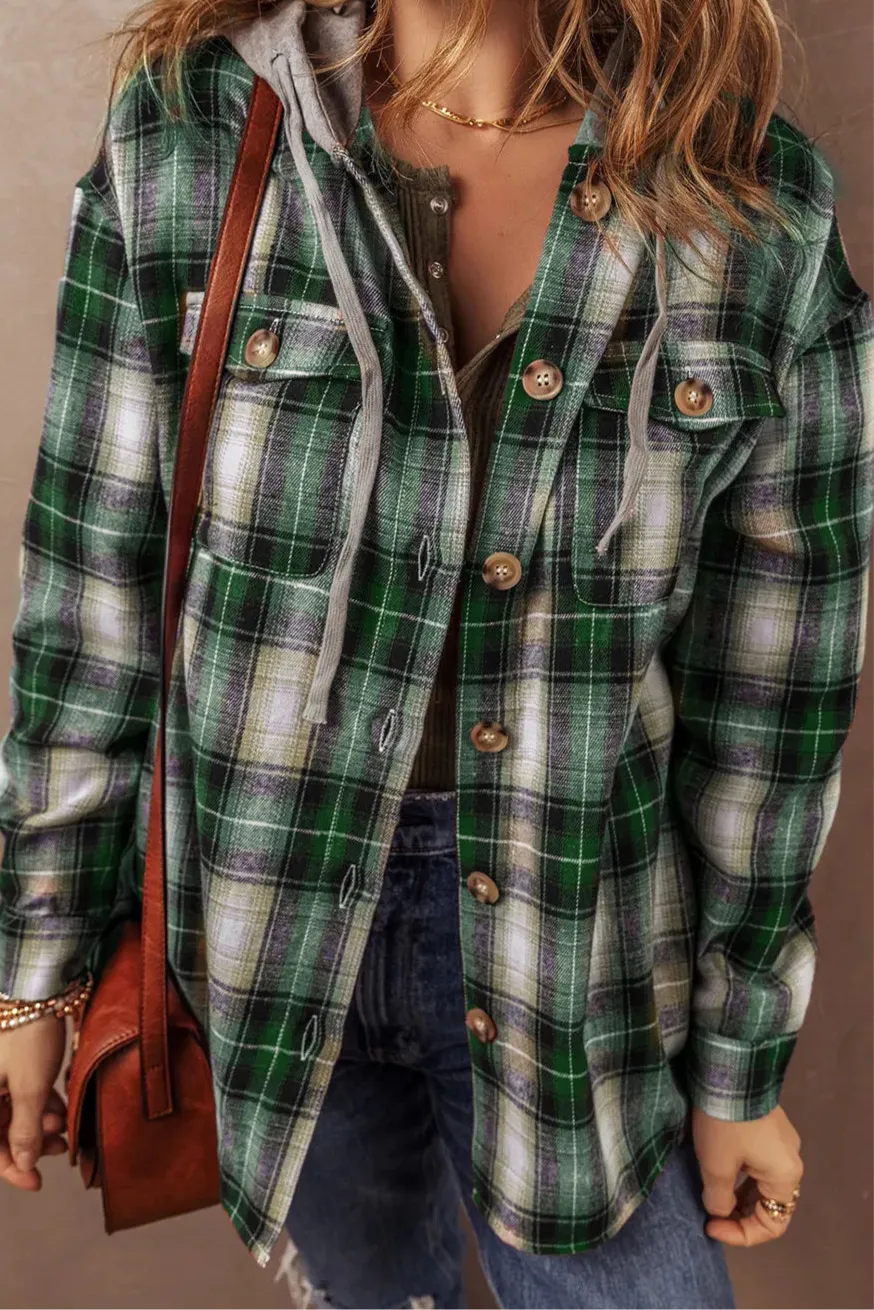Heidi Drawstring Pocketed Plaid Hooded Jacket