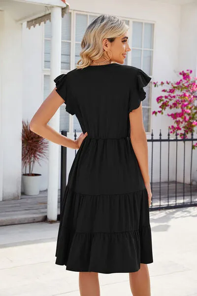 Hilaria Ruched Notched Cap Sleeve Dress