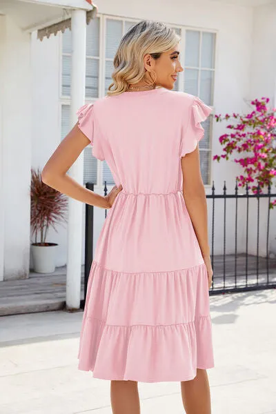 Hilaria Ruched Notched Cap Sleeve Dress