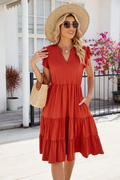 Hilaria Ruched Notched Cap Sleeve Dress