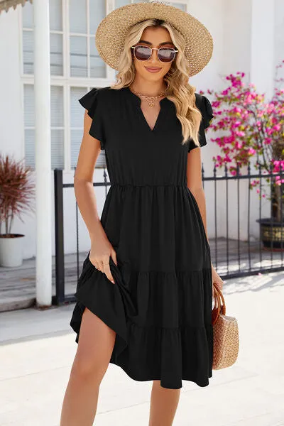 Hilaria Ruched Notched Cap Sleeve Dress