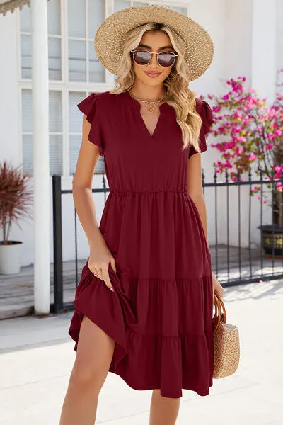 Hilaria Ruched Notched Cap Sleeve Dress
