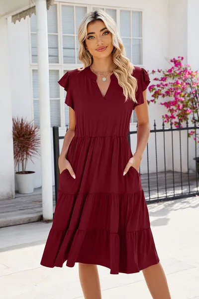Hilaria Ruched Notched Cap Sleeve Dress