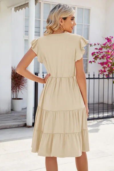 Hilaria Ruched Notched Cap Sleeve Dress