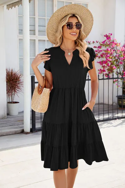 Hilaria Ruched Notched Cap Sleeve Dress