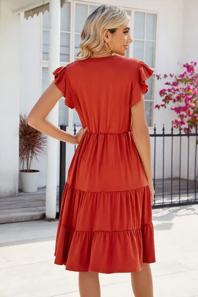 Hilaria Ruched Notched Cap Sleeve Dress