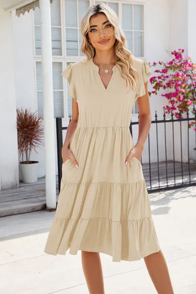 Hilaria Ruched Notched Cap Sleeve Dress