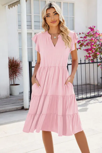 Hilaria Ruched Notched Cap Sleeve Dress
