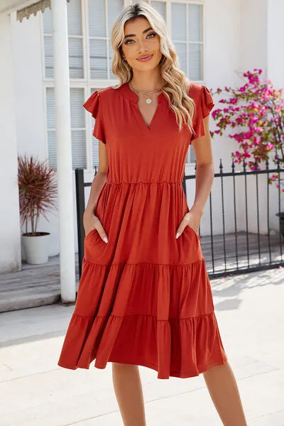 Hilaria Ruched Notched Cap Sleeve Dress