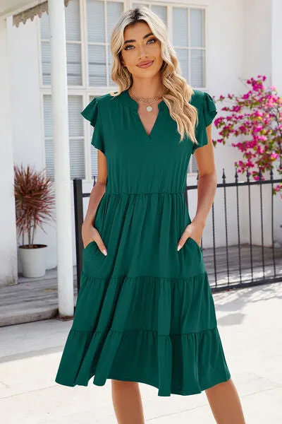 Hilaria Ruched Notched Cap Sleeve Dress